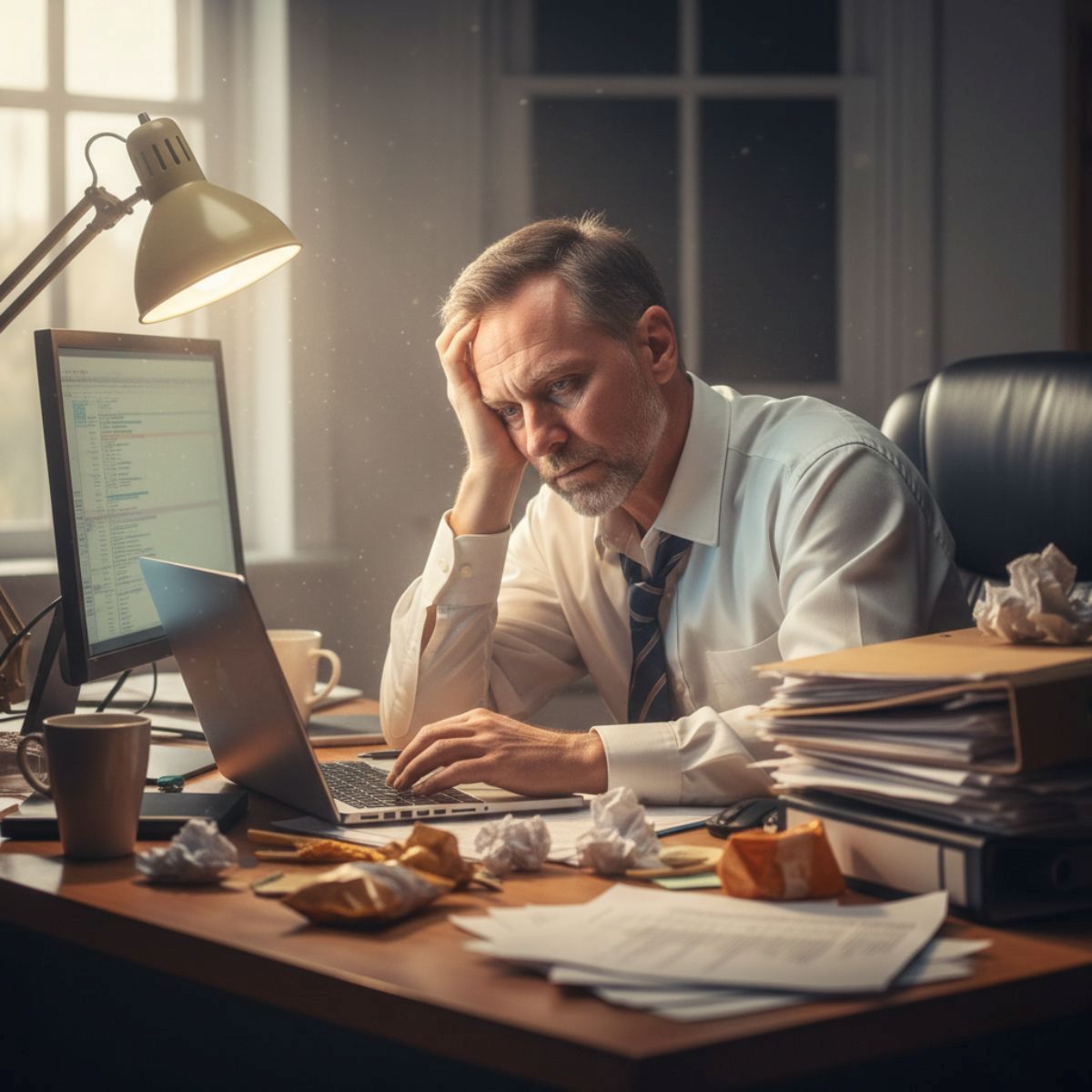 Un homme en burn out se prend la tete dans les mains devant un bureau 