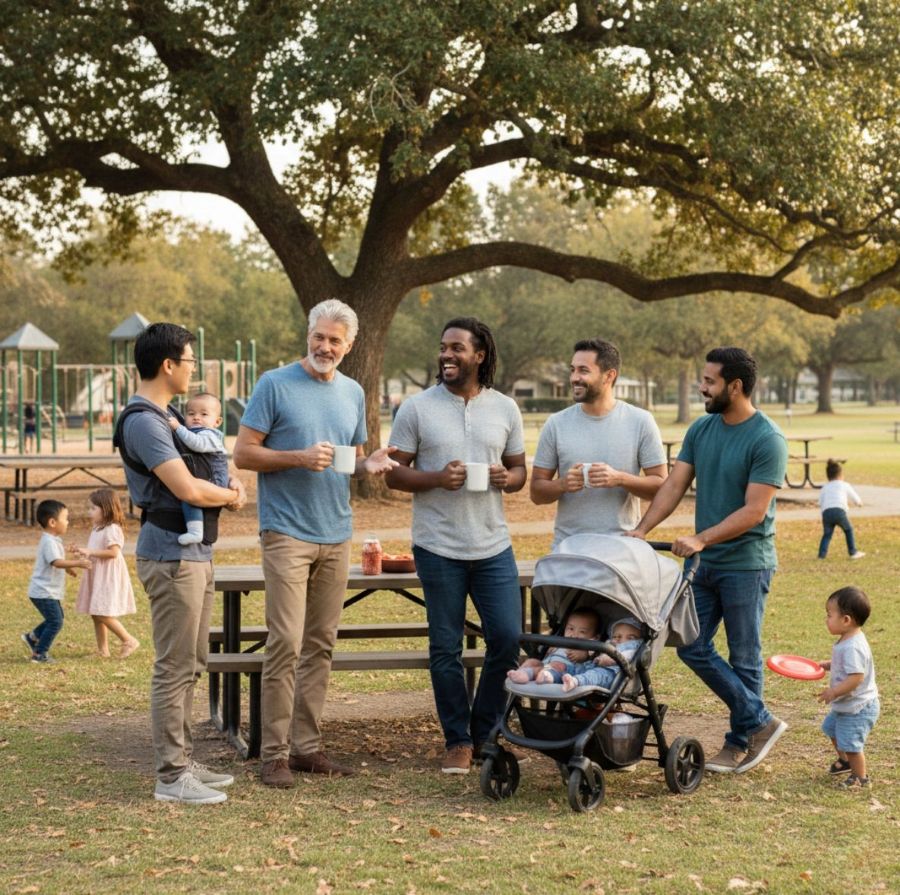 des pères discutent dans un jardin public