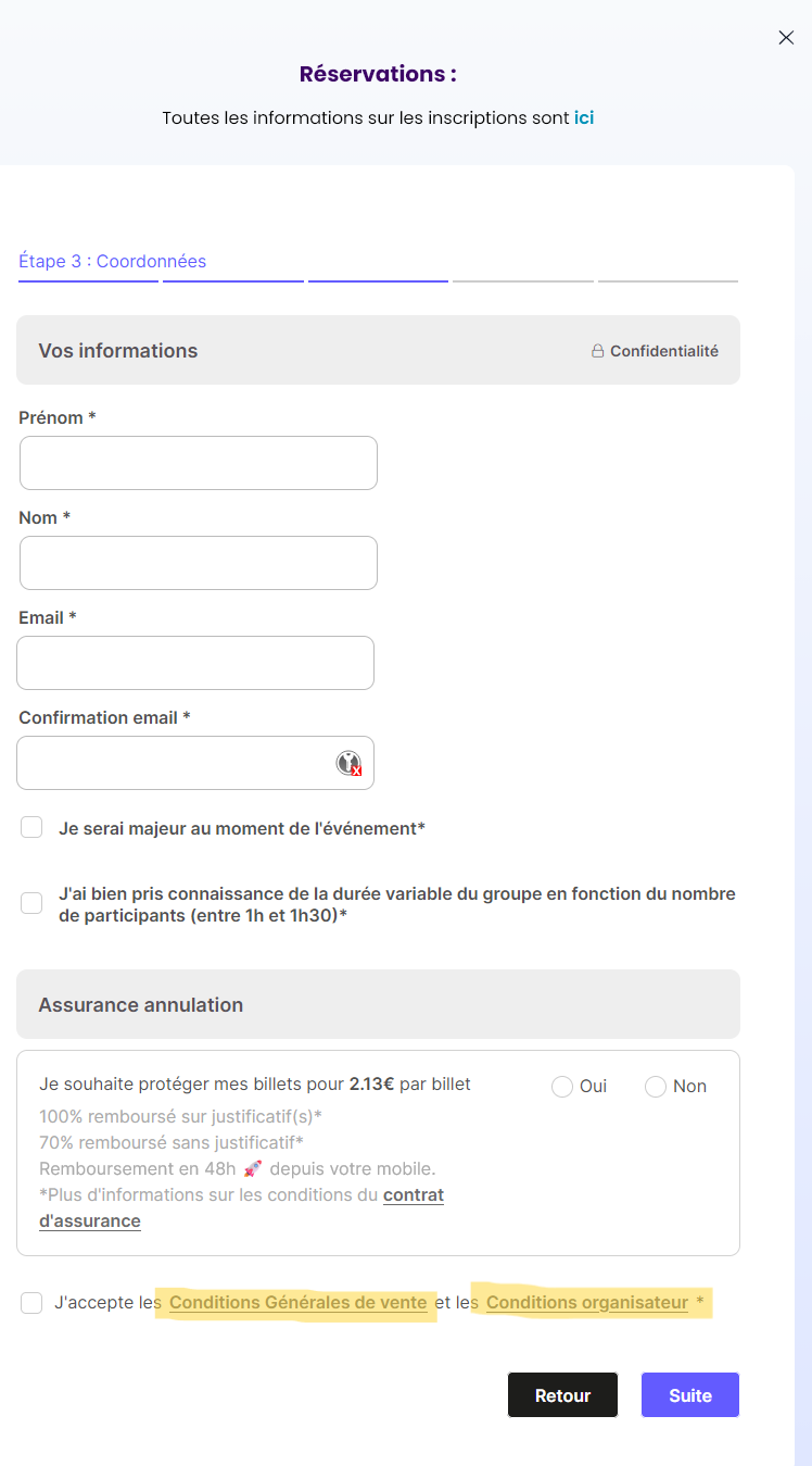 Image de la réservation d'une séance avec liens vers les CGV et assurance annulation