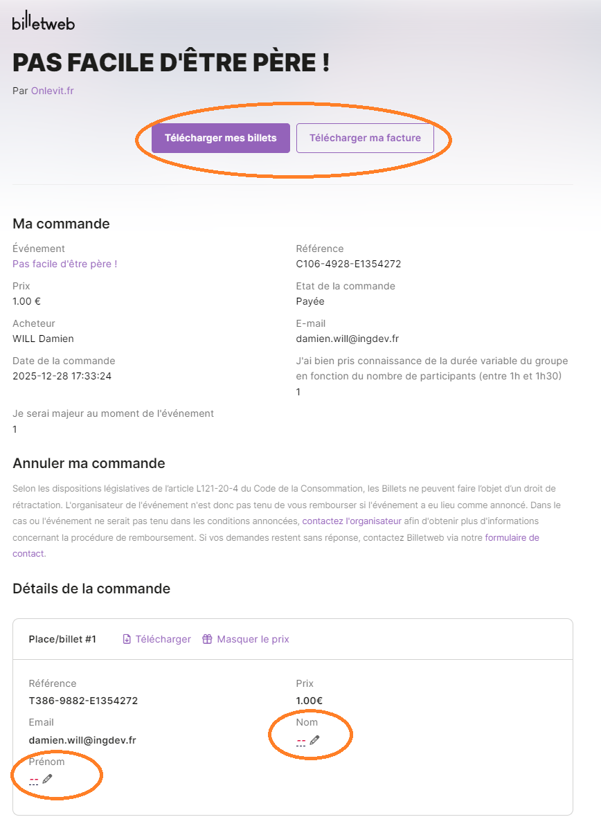 Page de gestion de la commande