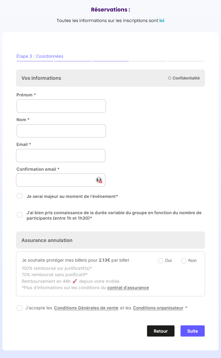 Renseignement des coordonnées et acceptation des CGV