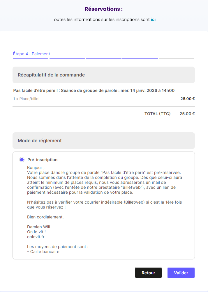 Confirmation de préréservation